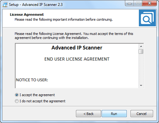 Đồng ý với các điều khoản sử dụng Advanced IP Scanner